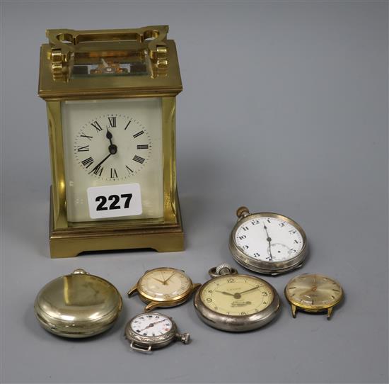 A brass cased carriage timepiece, three pocket watches , a fob watch & two wrist watches